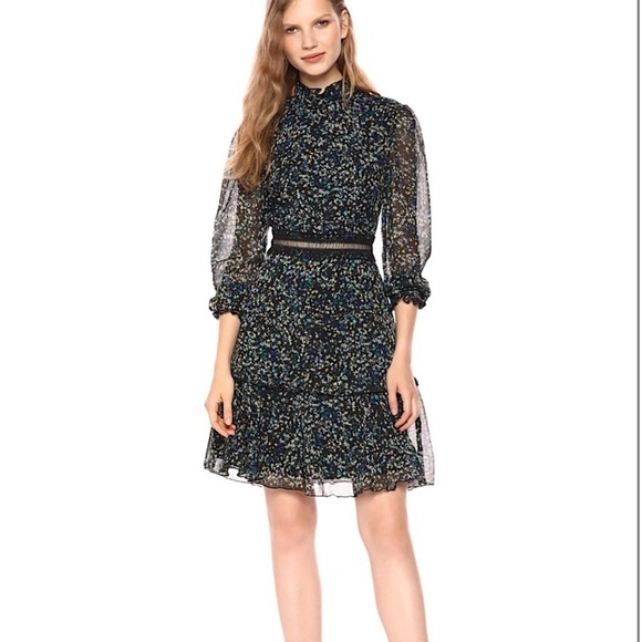 Donna Morgan Dresses & Skirts - Donna Morgan Jade Black Small Floral Print Long Sleeves Ruffles Zip Dress Size 4